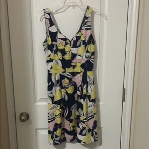 Maison Jules Navy Floral V-Neck Mini Dress with Yellow & Pink Accents